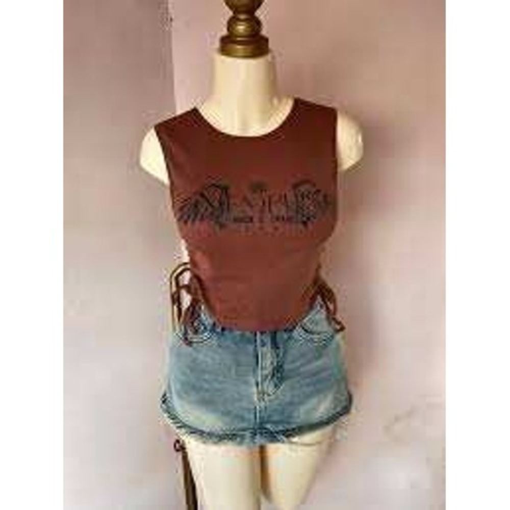 Rita Ora x Primark Memphis Rock & Roll Ruched Graphic Tank Women Top Brown XS